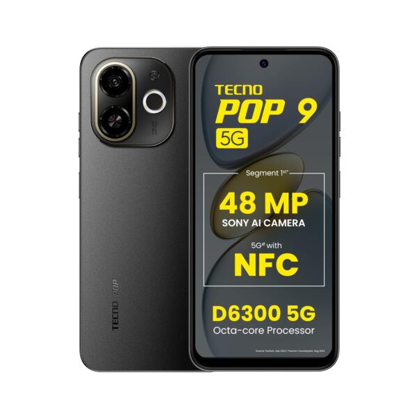 TECNO POP 9 5G (Midnight Shadow, 4GB+128GB)| Segment's 1st 48MP Sony AI Camera| Segment's 1st 5G with NFC | D6300 5G Processor | 4+ Year Lag Free Fluency | 5000 mAh Battery | IR Remote | Dolby Atmos