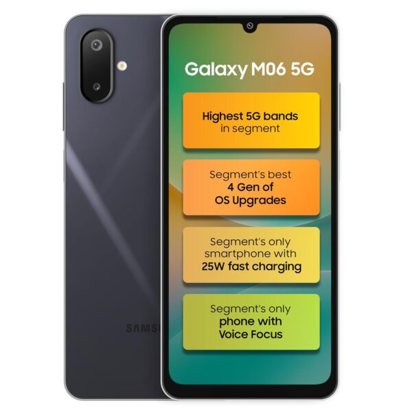 Samsung Galaxy M06 5G (Blazing Black, 6GB RAM, 128 GB Storage) | MediaTek Dimensity 6300 | AnTuTu Score 422K+ | 12 5G Bands | 25W Fast Charging | 4 Gen. of OS Upgrades | Without Charger