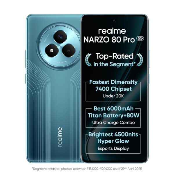 realme NARZO 80 Pro 5G (Racing Green,8GB+256GB) | Segment's 1st MediaTek Dimensity 7400 Chipset | 6000mAh Titan Battery + 80W Ultra Charge | 4500nits HyperGlow Esports Display | IP69 Waterproof